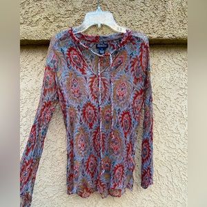 🍀 Lucky Brand Red Paisley Design Boho Sheer Stretchy Blouse Top w/ Tie - Medium